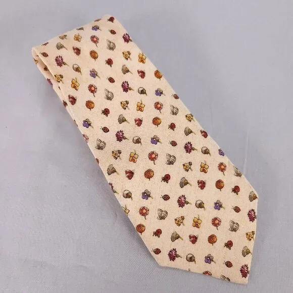 Salvatore Ferragamo Mens Silk Linen Necktie Designer Tie Beige Flowers Ladybug - Picture 1 of 10